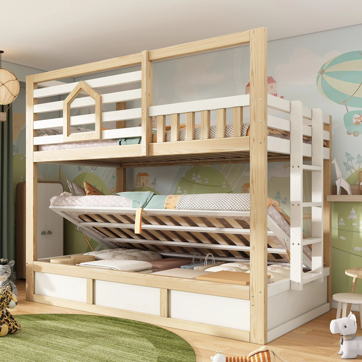 Etagenbett mit Fenstern und gerader Leiter in Khaki 90x200 Lilla Kids