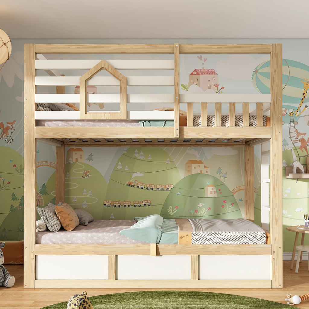 Etagenbett mit Fenstern und gerader Leiter in Khaki 90x200 Lilla Kids