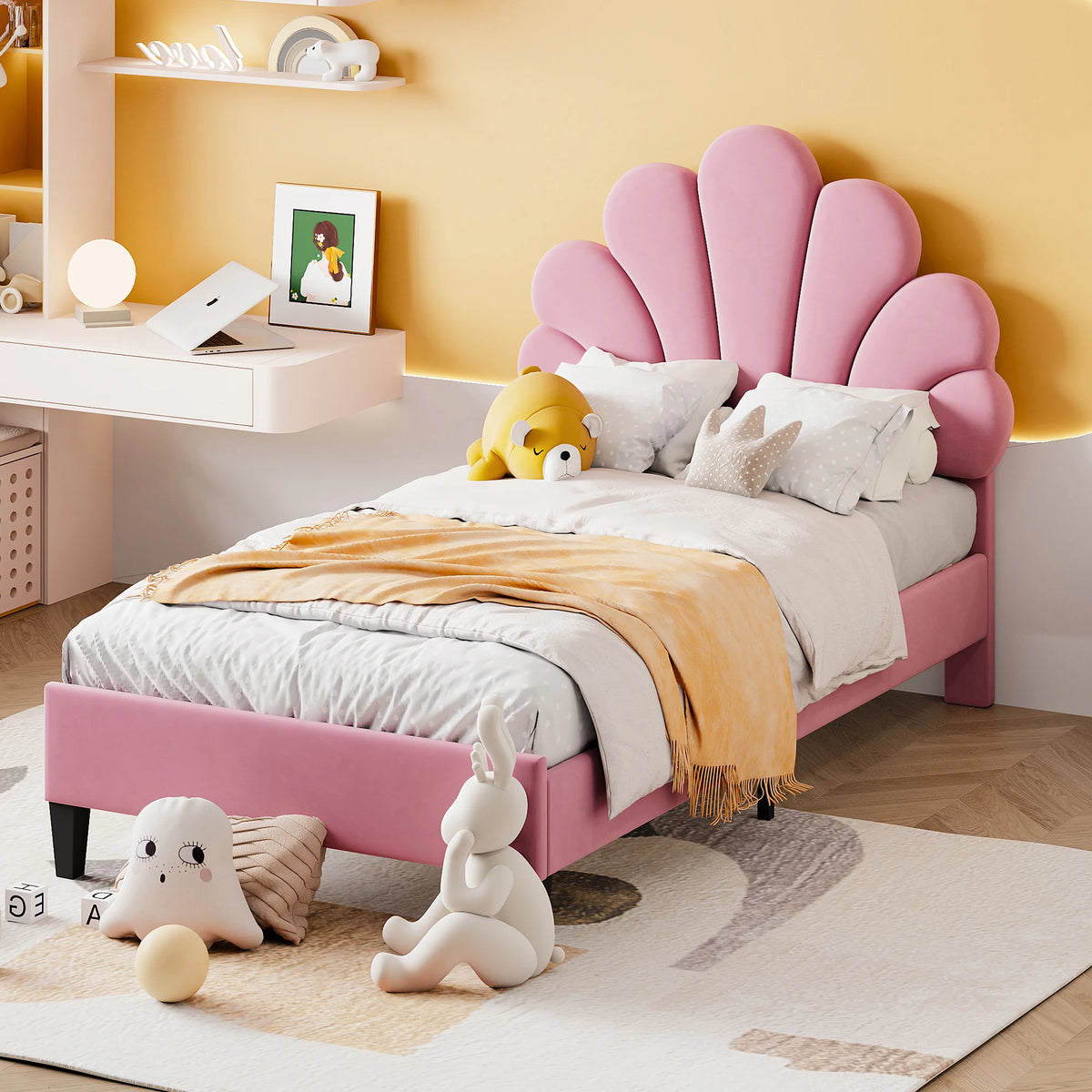 Gästebett aus Samt mit Blumen-Kopfteil 140x200 Lilla Kids