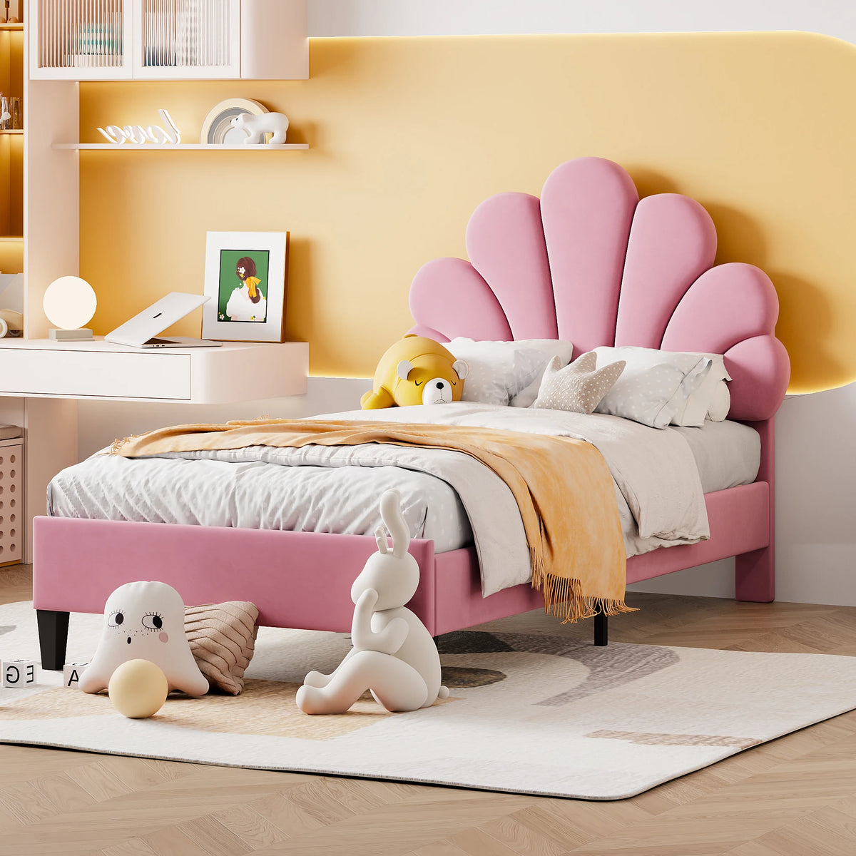 Gästebett aus Samt mit Blumen-Kopfteil 140x200 Lilla Kids