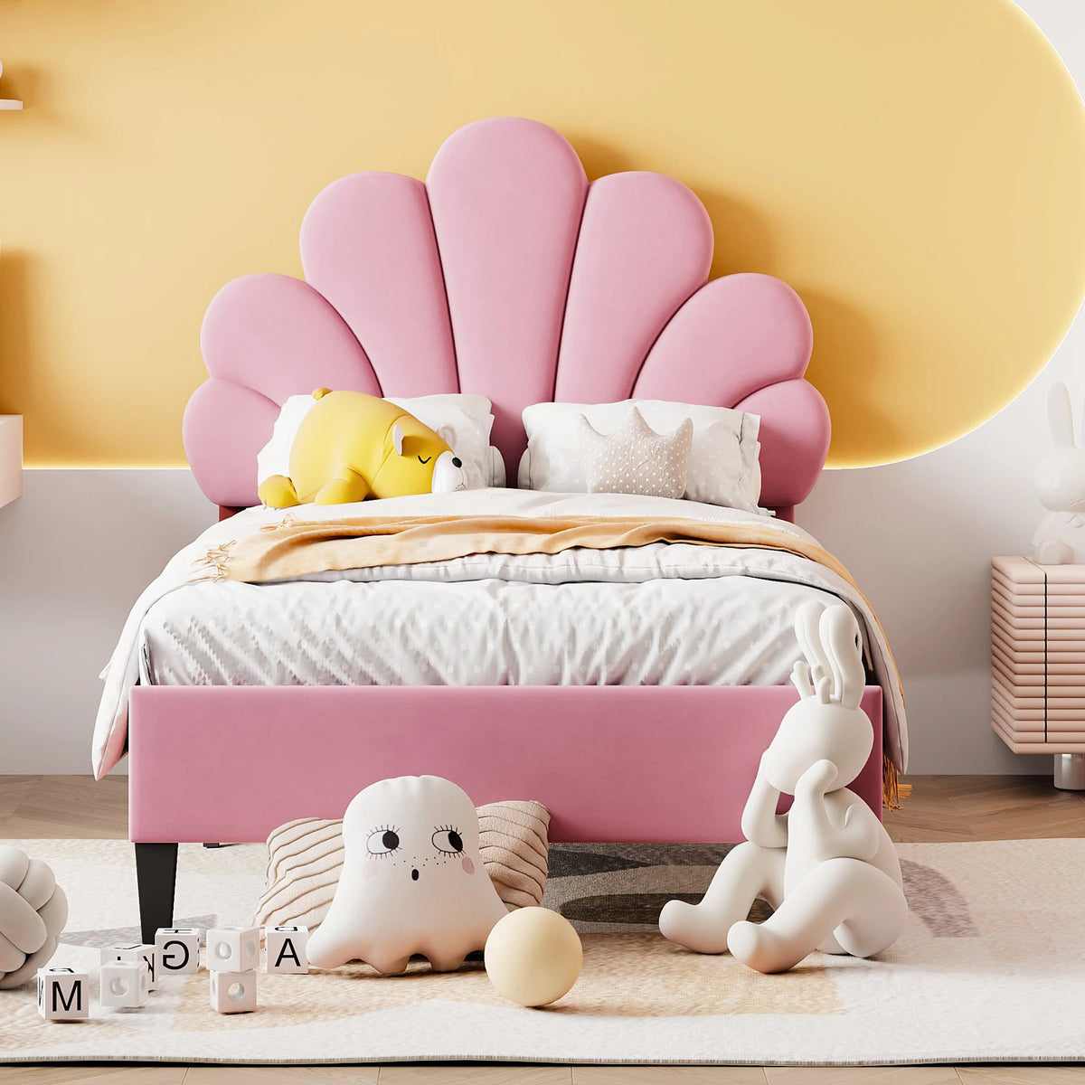 Gästebett aus Samt mit Blumen-Kopfteil 140x200 Lilla Kids