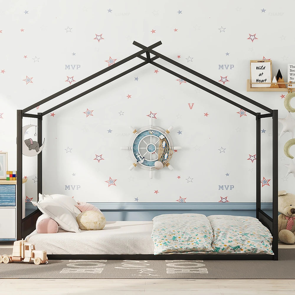 Hausbett aus Metall in Schwarz 140x200 Lilla Kids
