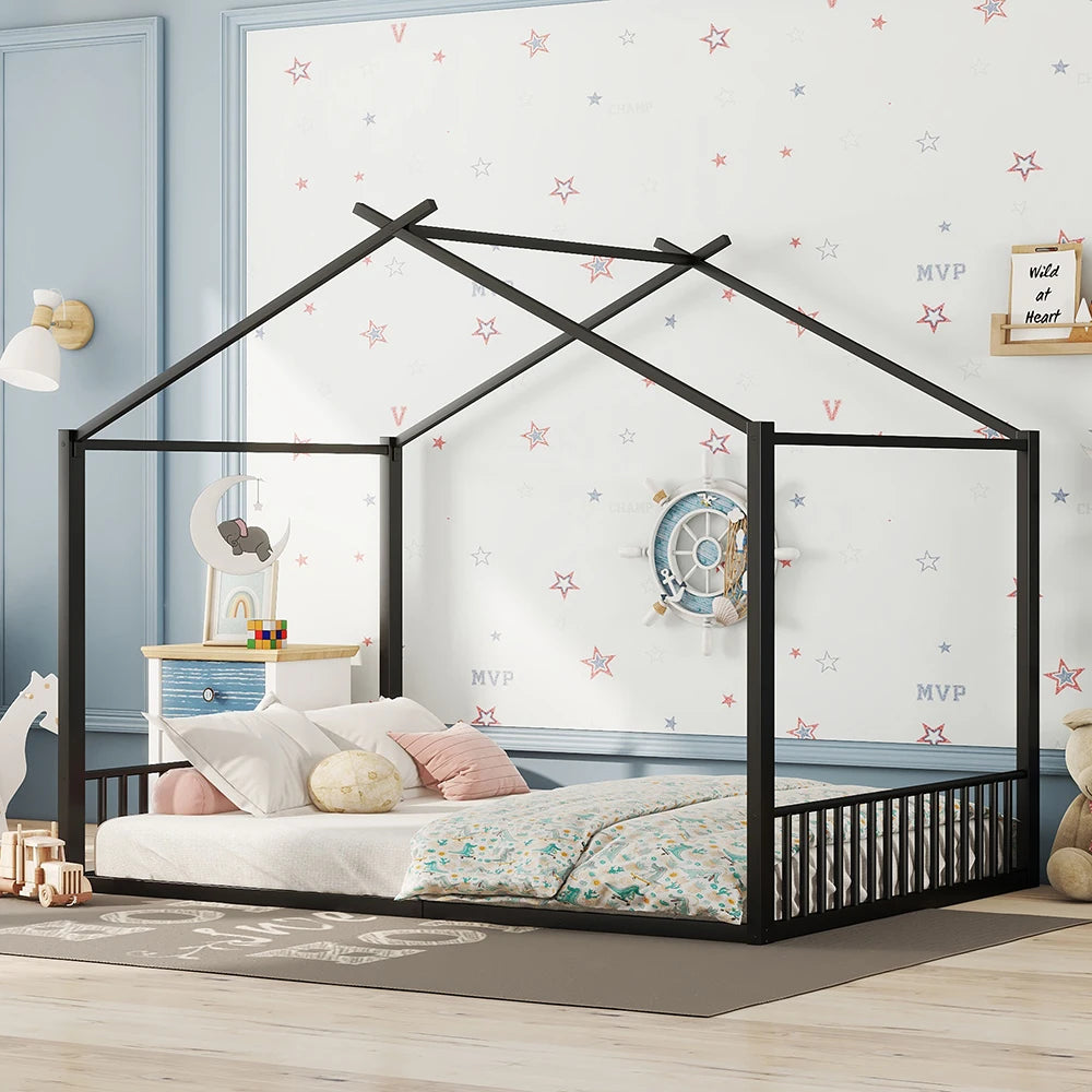 Hausbett aus Metall in Schwarz 140x200 Lilla Kids