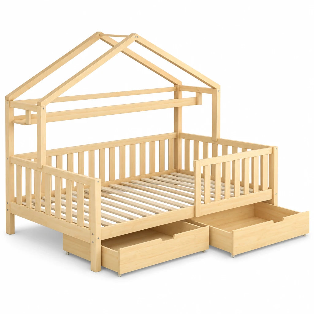 Hausbett aus naturbelassener Kiefer mit Schublade 90x200 Lilla Kids