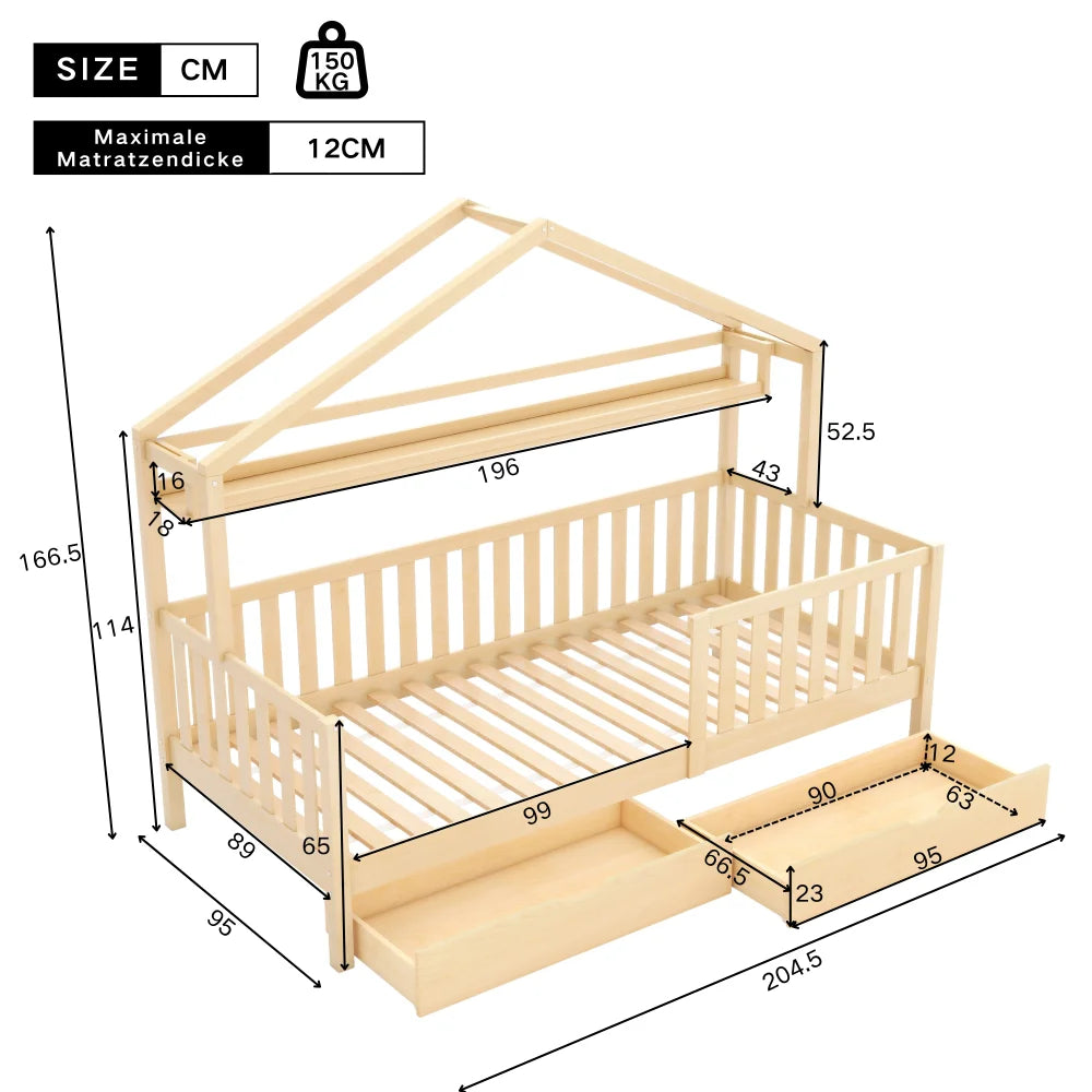 Hausbett aus naturbelassener Kiefer mit Schublade 90x200 Lilla Kids
