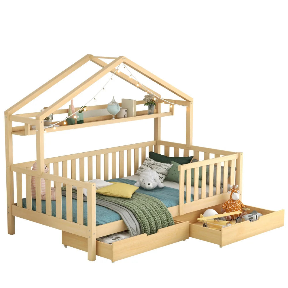 Hausbett aus naturbelassener Kiefer mit Schublade 90x200 Lilla Kids