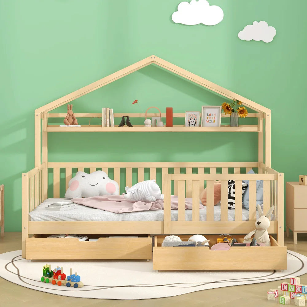 Hausbett aus naturbelassener Kiefer mit Schublade 90x200 Lilla Kids