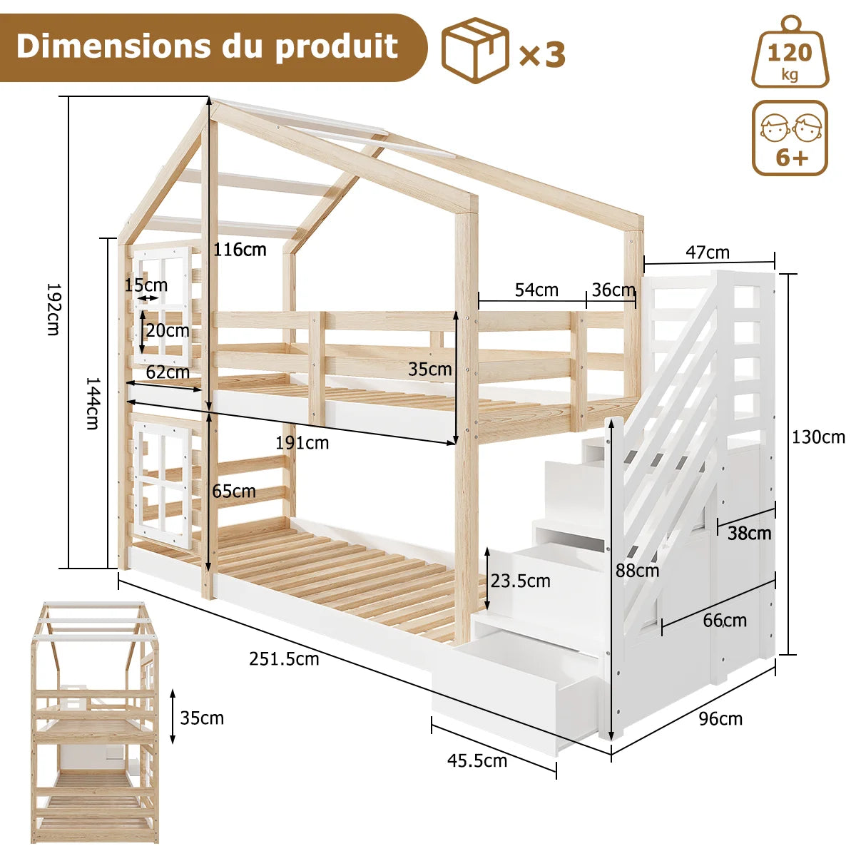 Hausbett Etagenbett mit Rutsche und Treppe 90x190 Lilla Kids