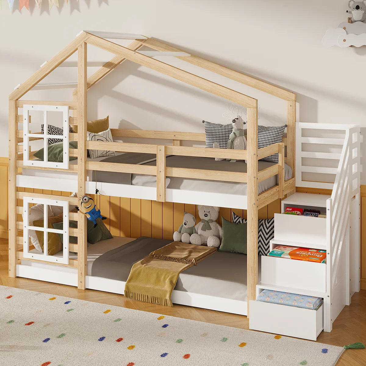 Hausbett Etagenbett mit Rutsche und Treppe 90x190 Lilla Kids