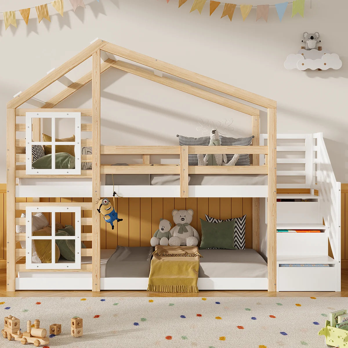 Hausbett Etagenbett mit Rutsche und Treppe 90x190 Lilla Kids