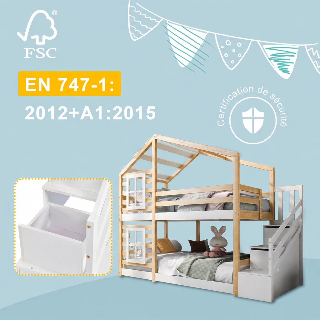 Hausbett Etagenbett mit Treppe, Dach und Schubladen 90x200 Lilla Kids