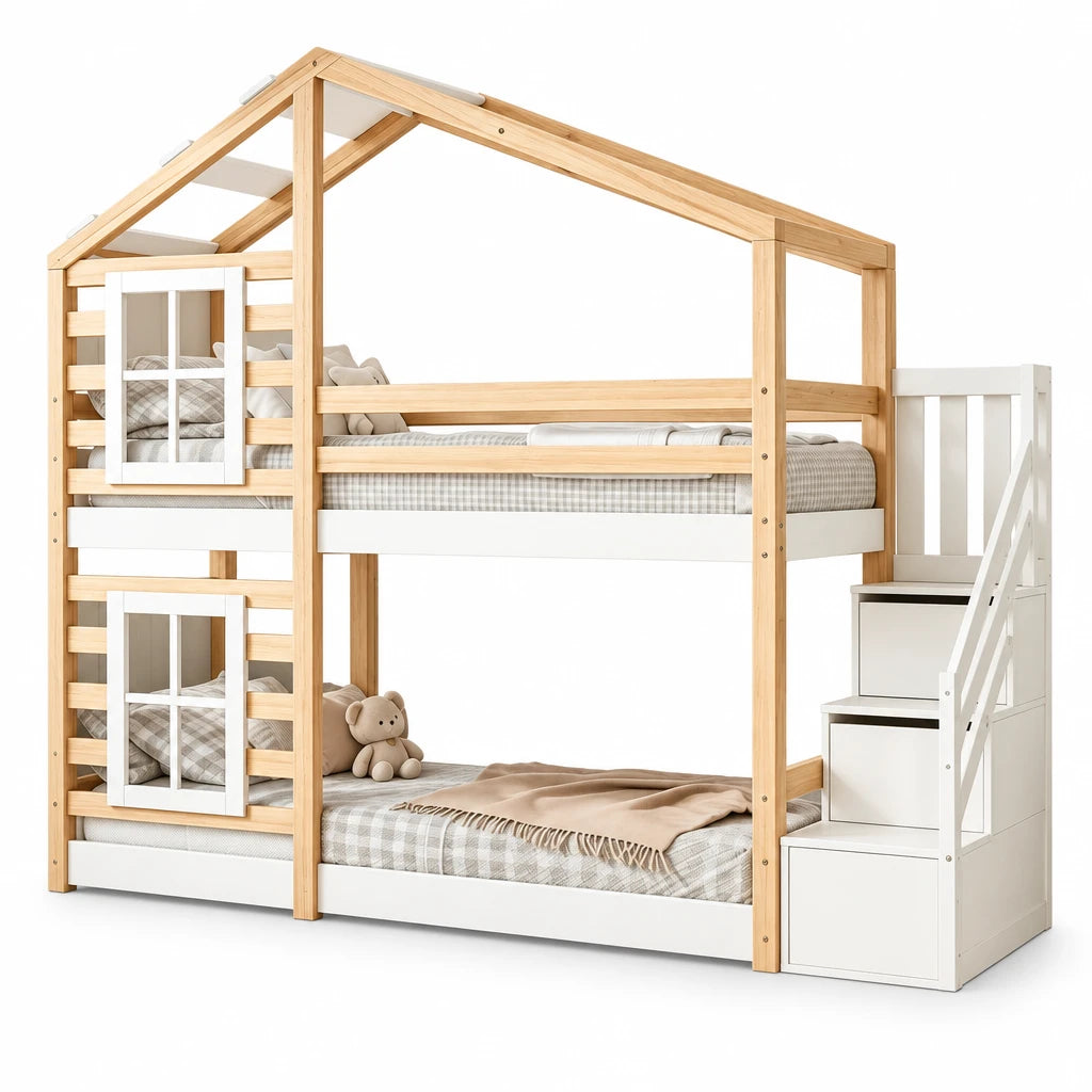 Hausbett Etagenbett mit Treppe, Dach und Schubladen 90x200 Lilla Kids