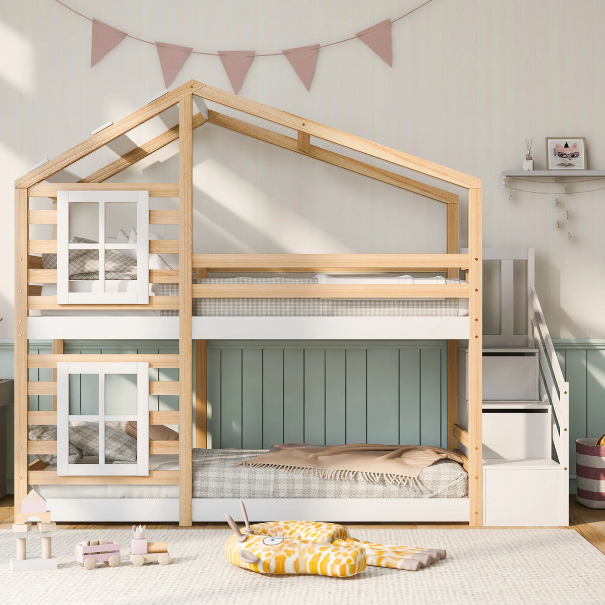Hausbett Etagenbett mit Treppe, Dach und Schubladen 90x200 Lilla Kids
