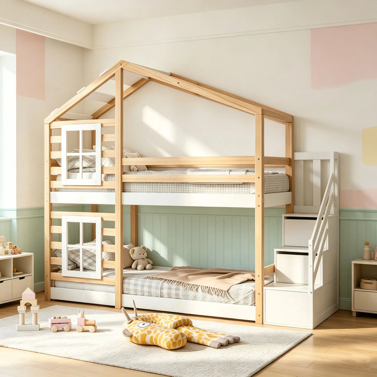 Hausbett Etagenbett mit Treppe, Dach und Schubladen 90x200 Lilla Kids