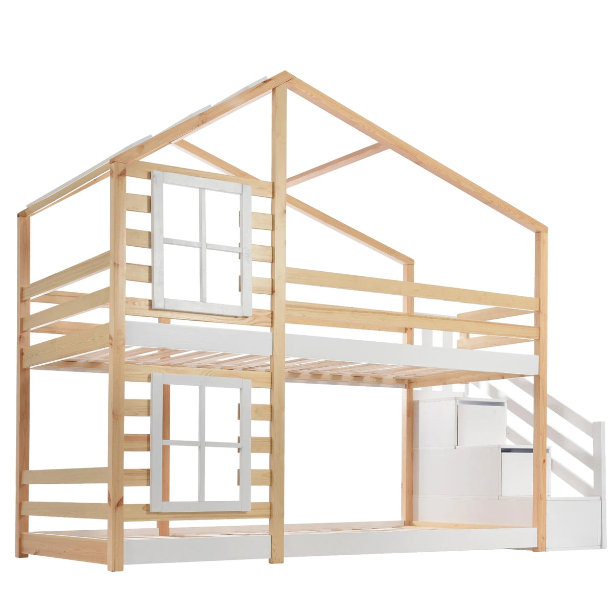 Hausbett Etagenbett mit Treppe, Dach und Schubladen 90x200 Lilla Kids