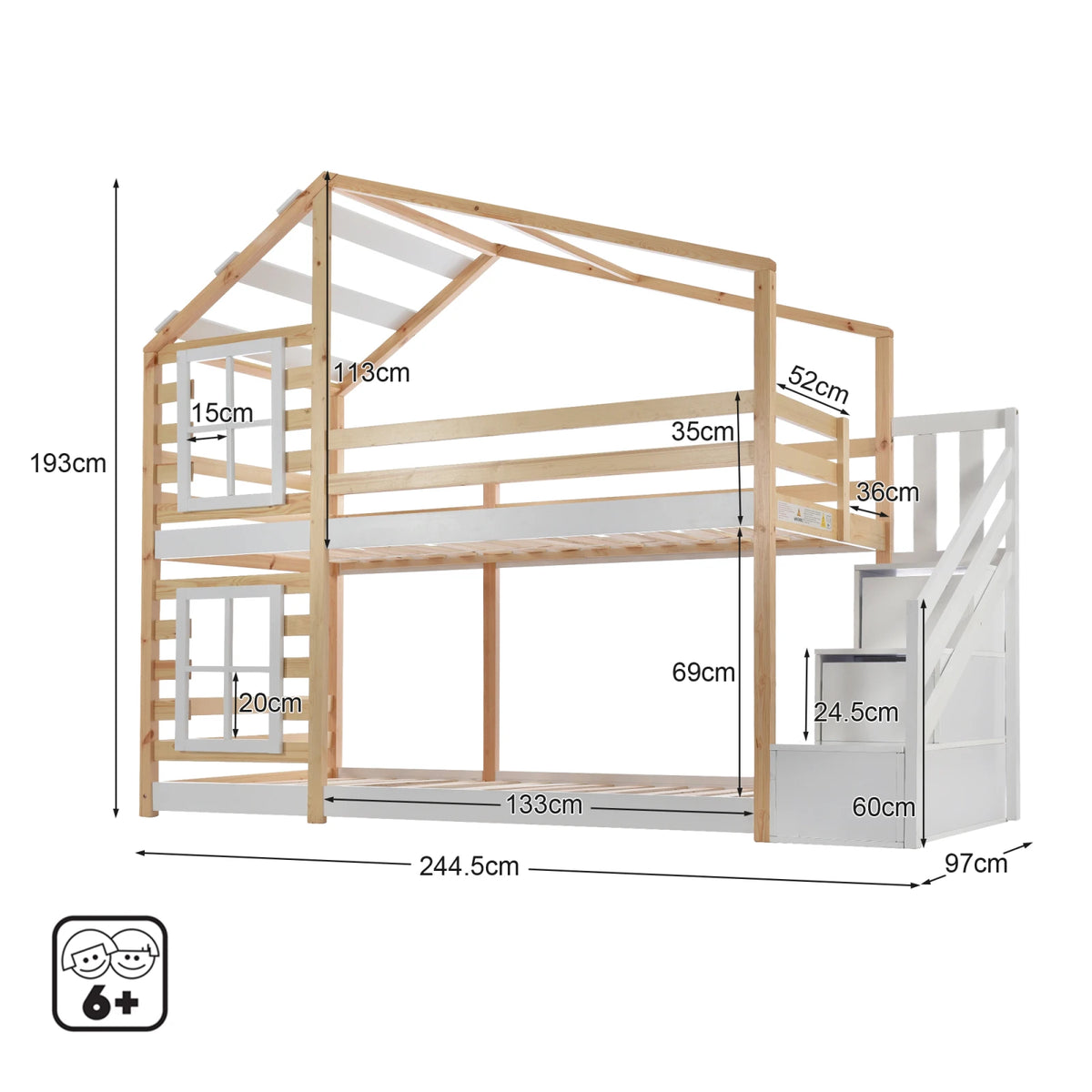 Hausbett Etagenbett mit Treppe, Dach und Schubladen 90x200 Lilla Kids