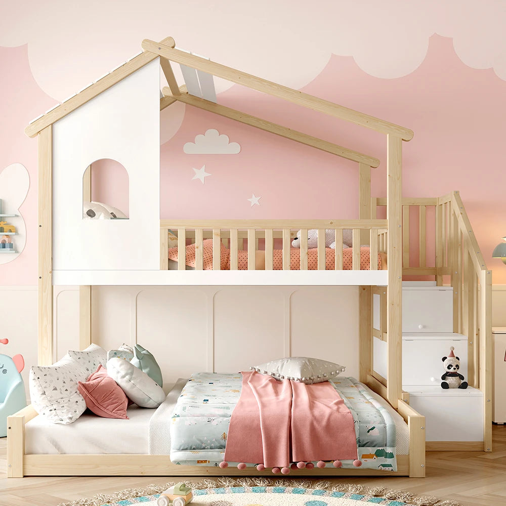 Hausbett Etagenbett mit Treppe in Holz und Weiß 90/140 Lilla Kids