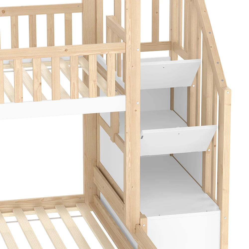 Hausbett Etagenbett mit Treppe in Holz und Weiß 90/140 Lilla Kids