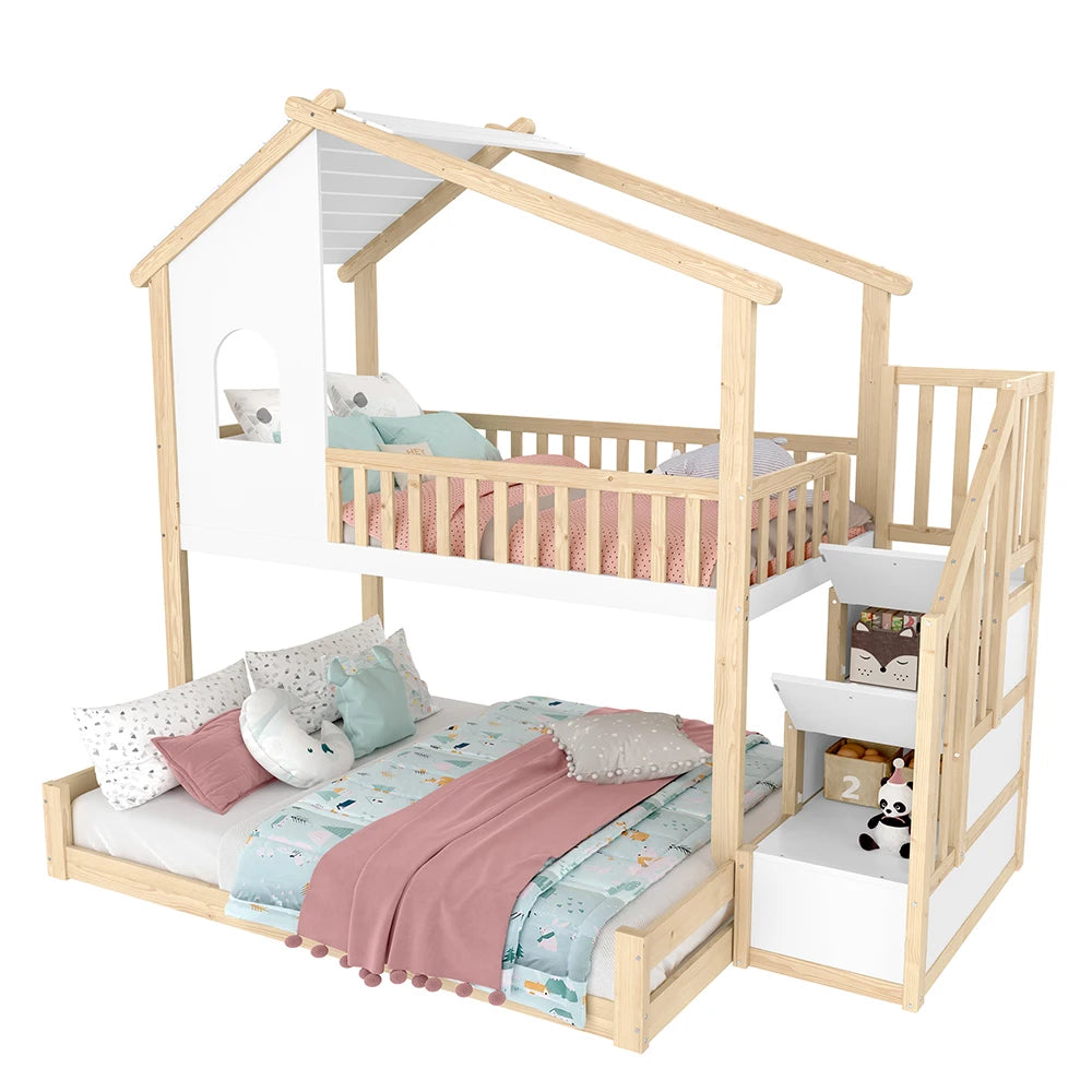 Hausbett Etagenbett mit Treppe in Holz und Weiß 90/140 Lilla Kids
