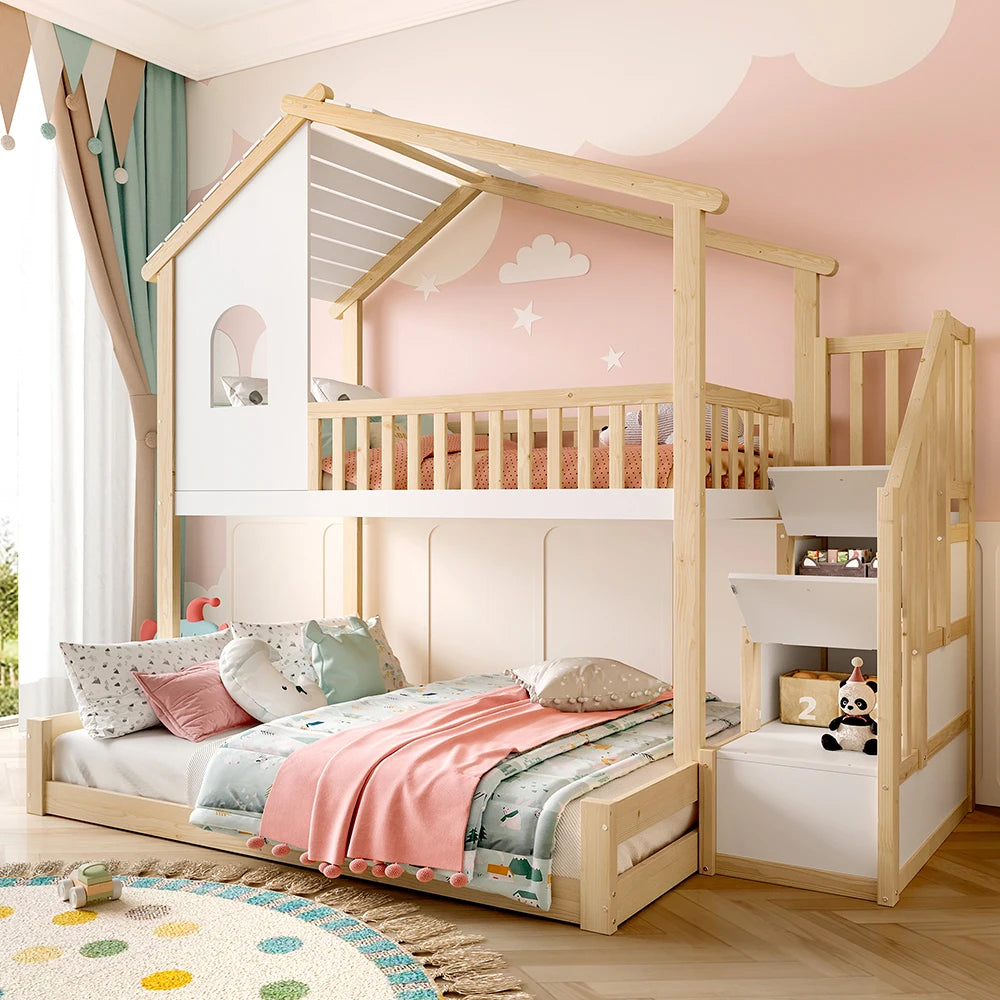 Hausbett Etagenbett mit Treppe in Holz und Weiß 90/140 Lilla Kids