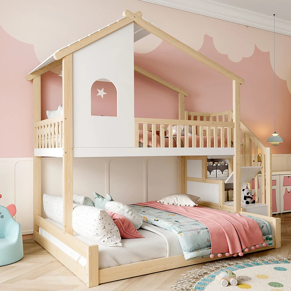 Hausbett Etagenbett mit Treppe in Holz und Weiß 90/140 Lilla Kids