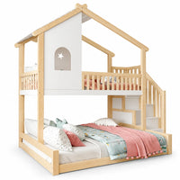 Hausbett Etagenbett mit Treppe in Holz und Weiß 90/140 Lilla Kids