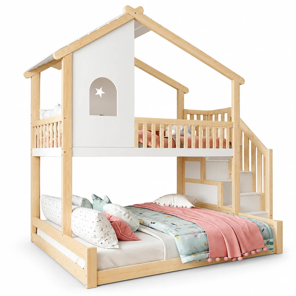 Hausbett Etagenbett mit Treppe in Holz und Weiß 90/140 Lilla Kids