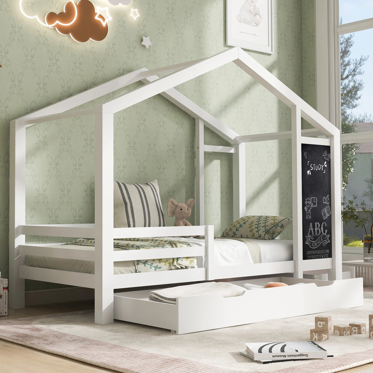 Hausbett-Hochbett mit Dach und 2 Schubladen 90x200 Lilla Kids
