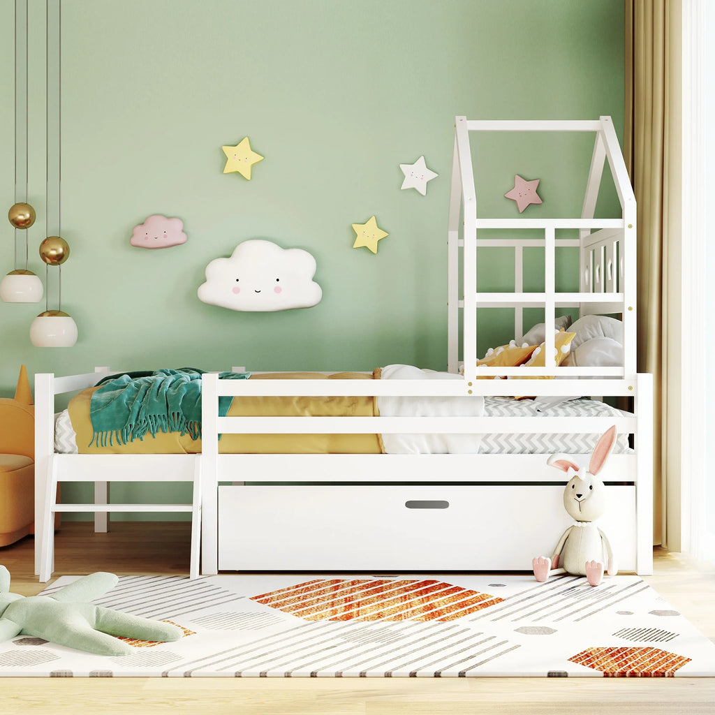 Hausbett-Hochbett mit Leiter und Schublade 90x200 Lilla Kids