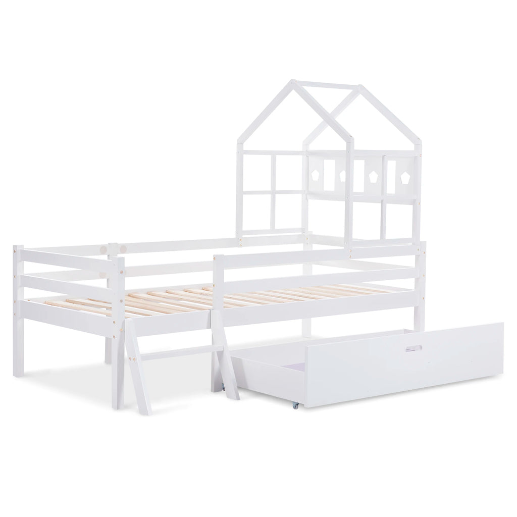 Hausbett-Hochbett mit Leiter und Schublade 90x200 Lilla Kids