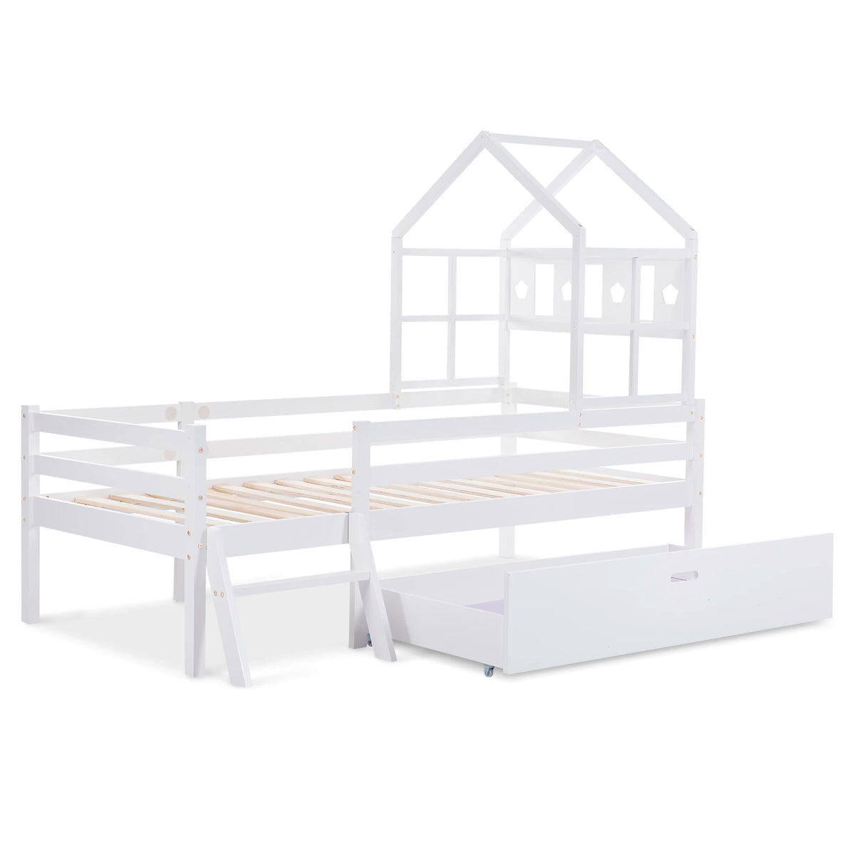 Hausbett-Hochbett mit Leiter und Schublade 90x200 Lilla Kids