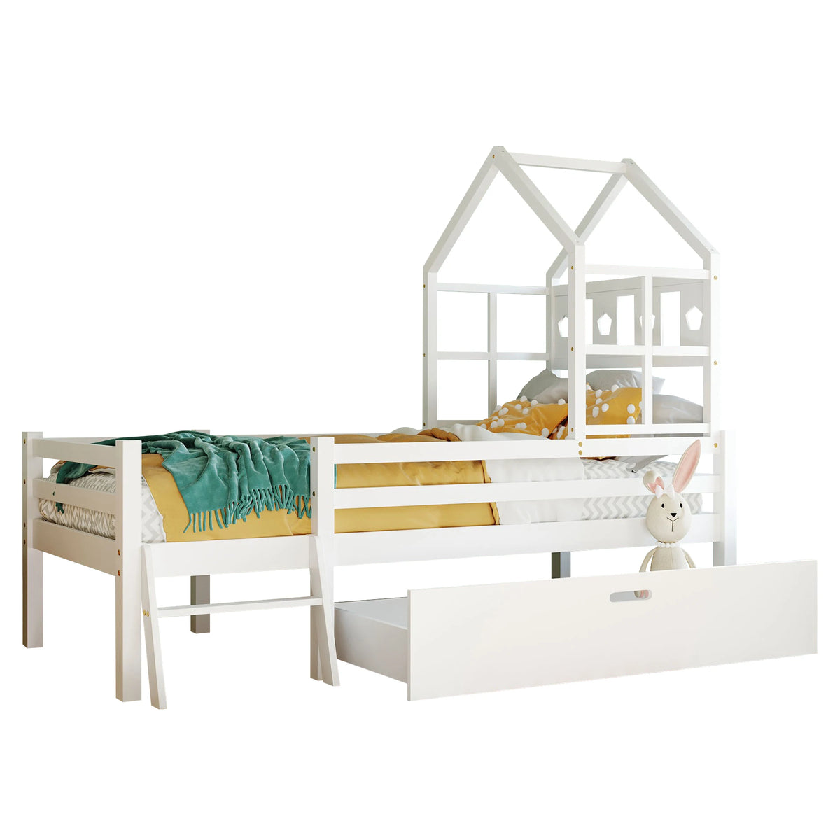 Hausbett-Hochbett mit Leiter und Schublade 90x200 Lilla Kids