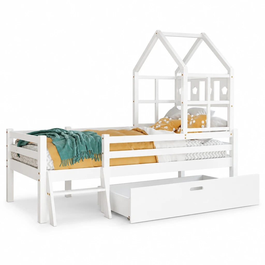 Hausbett-Hochbett mit Leiter und Schublade 90x200 Lilla Kids