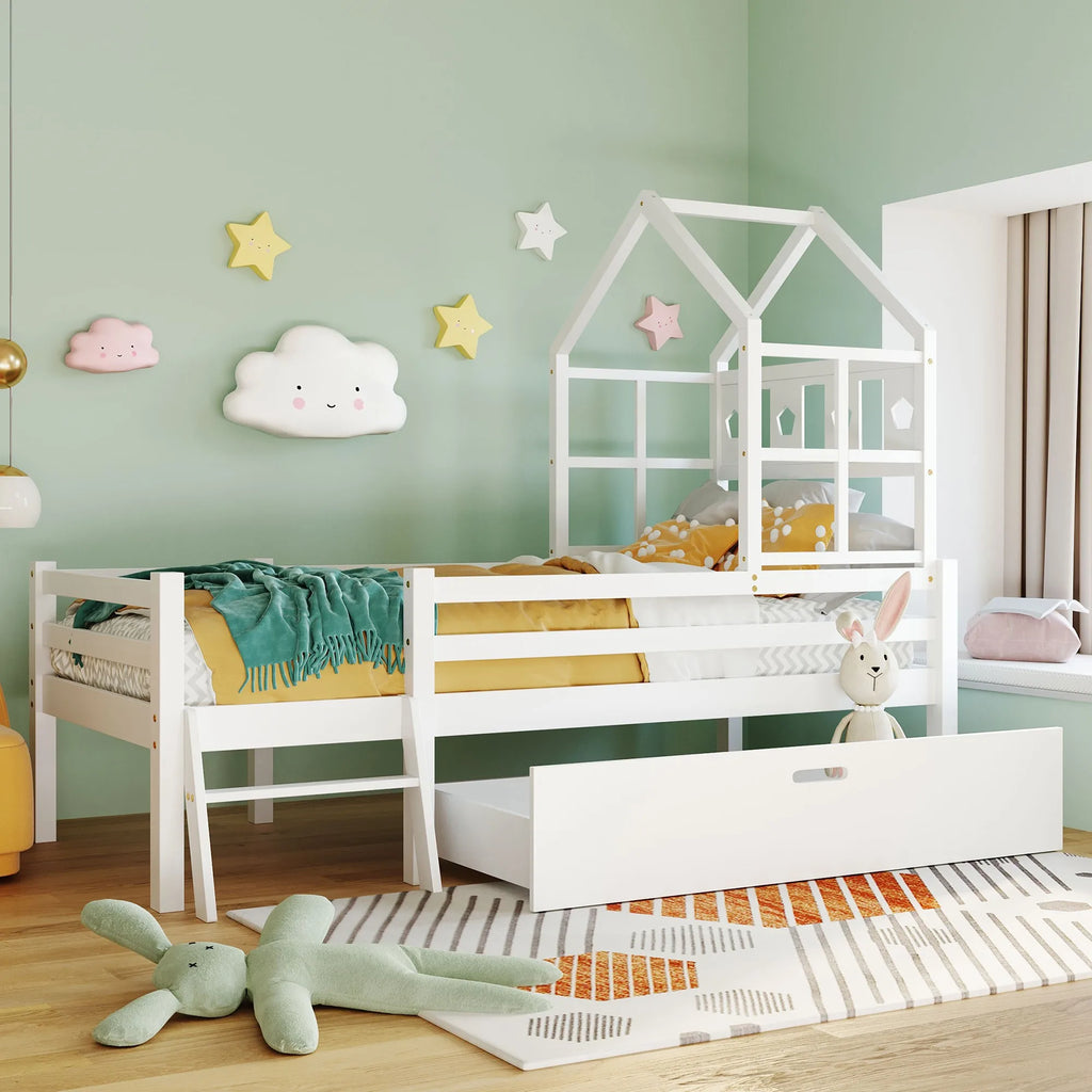 Hausbett-Hochbett mit Leiter und Schublade 90x200 Lilla Kids