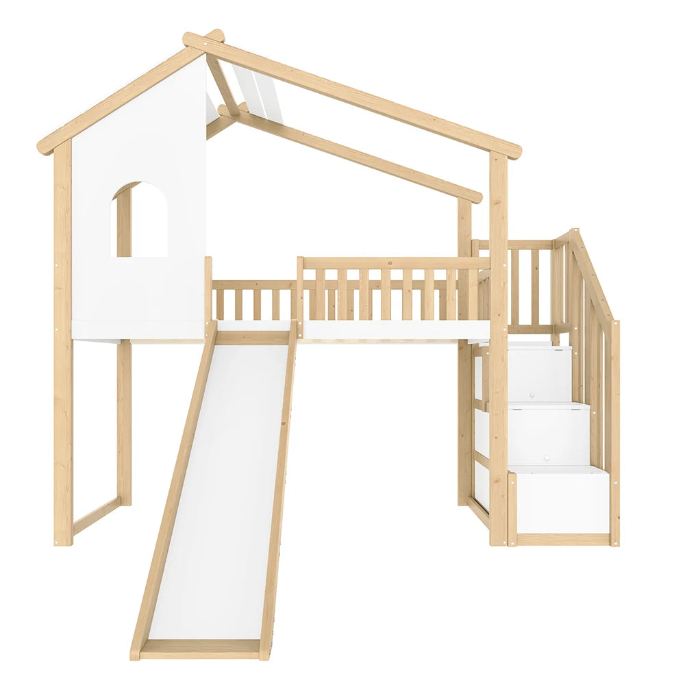 Hausbett-Hochbett mit Rutsche in Holz und Weiß 90x200 Lilla Kids