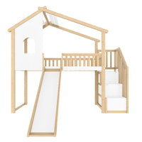 Hausbett-Hochbett mit Rutsche in Holz und Weiß 90x200 Lilla Kids