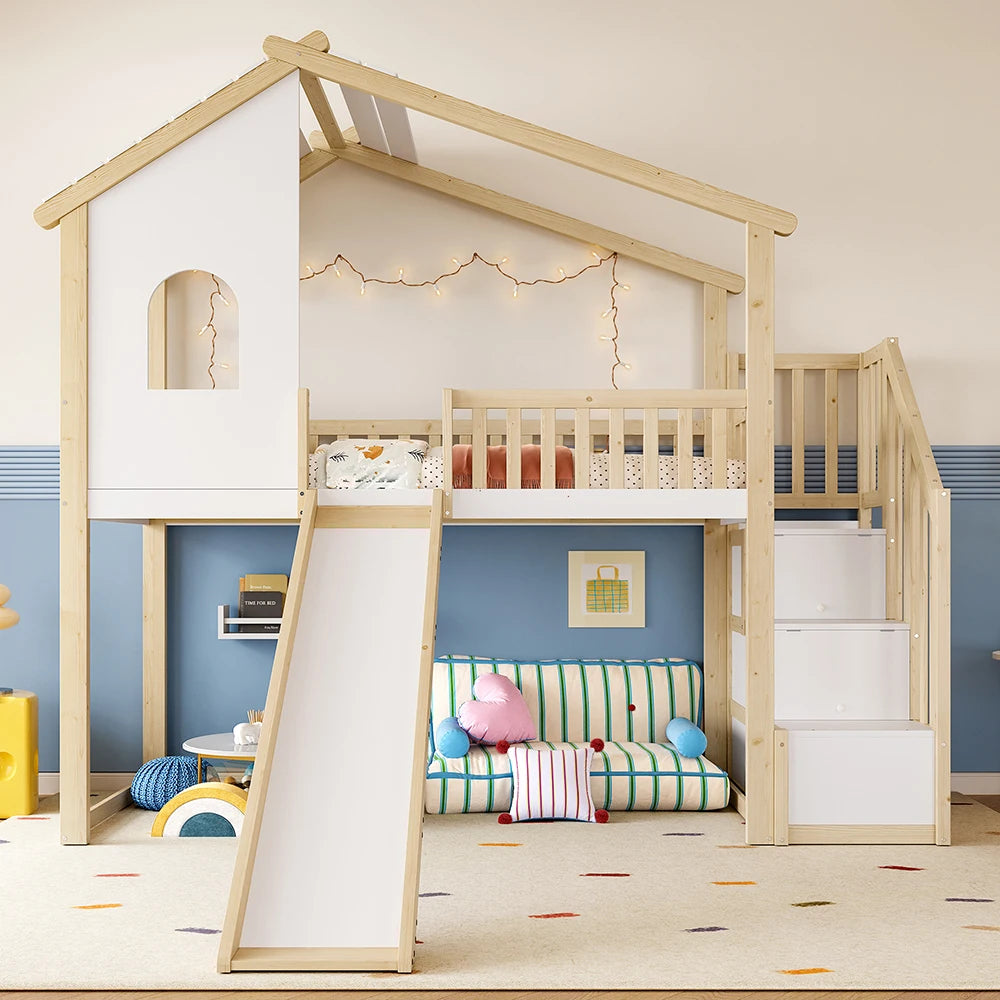 Hausbett-Hochbett mit Rutsche in Holz und Weiß 90x200 Lilla Kids
