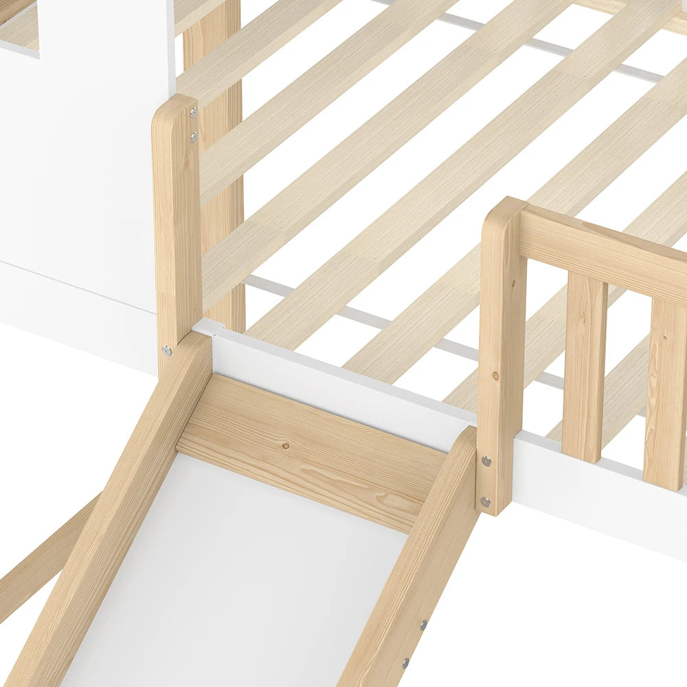 Hausbett-Hochbett mit Rutsche in Holz und Weiß 90x200 Lilla Kids