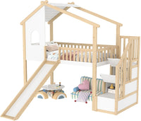 Hausbett-Hochbett mit Rutsche in Holz und Weiß 90x200 Lilla Kids