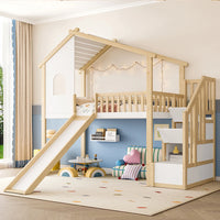 Hausbett-Hochbett mit Rutsche in Holz und Weiß 90x200 Lilla Kids