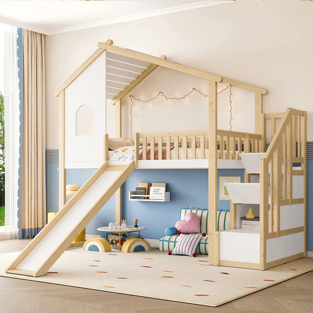 Hausbett-Hochbett mit Rutsche in Holz und Weiß 90x200 Lilla Kids