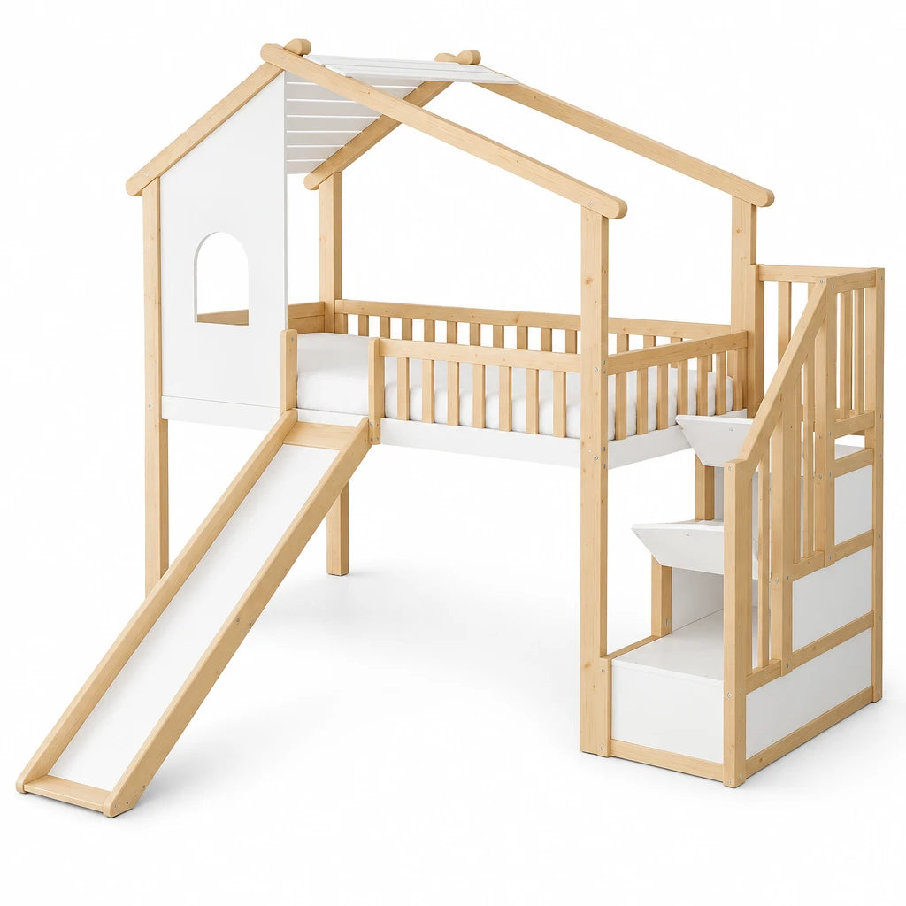 Hausbett-Hochbett mit Rutsche in Holz und Weiß 90x200 Lilla Kids