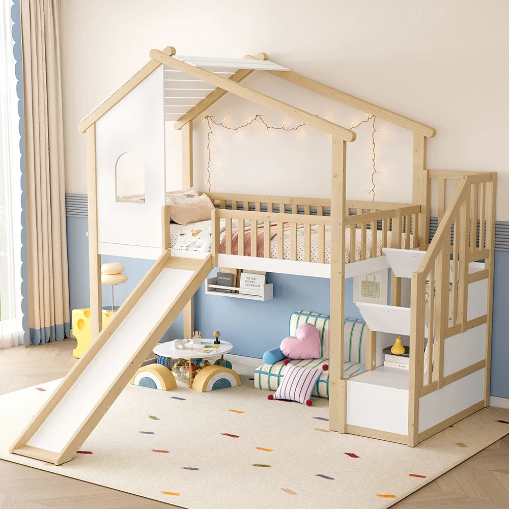 Hausbett-Hochbett mit Rutsche in Holz und Weiß 90x200 Lilla Kids
