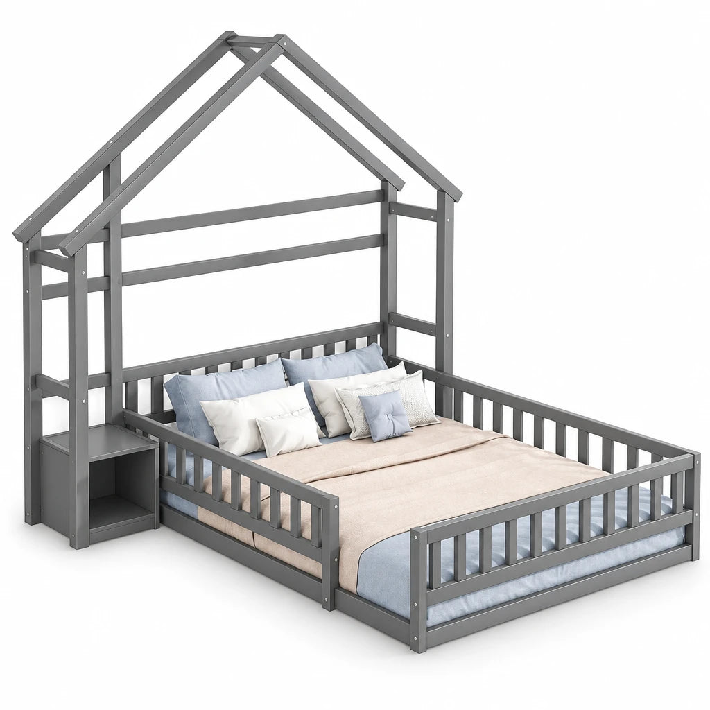 Hausbett in Grau mit Hauskopfteil und Nachttisch 140x200 Lilla Kids