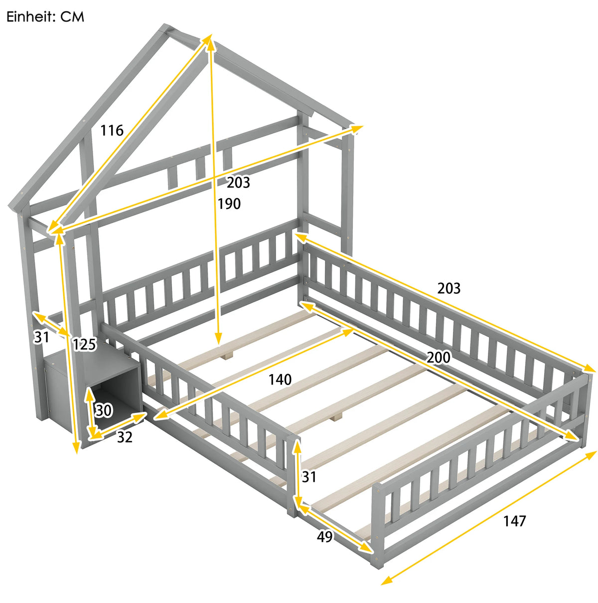 Hausbett in Grau mit Hauskopfteil und Nachttisch 140x200 Lilla Kids