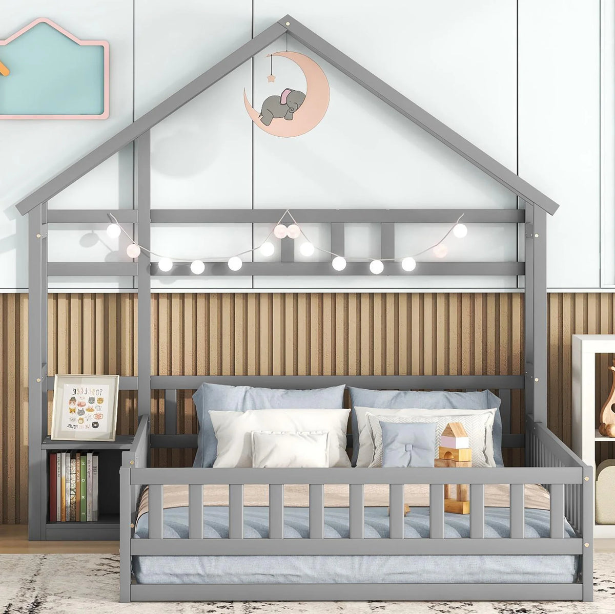 Hausbett in Grau mit Hauskopfteil und Nachttisch 140x200 Lilla Kids