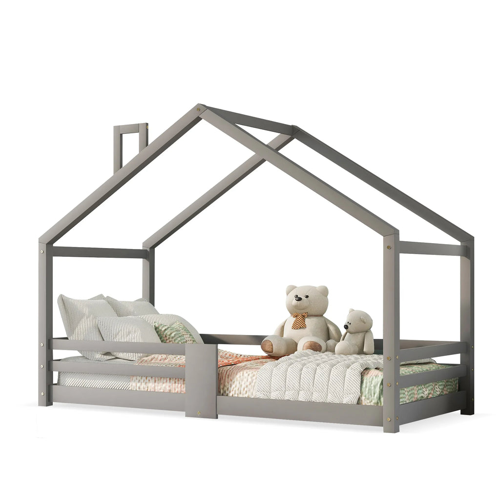 Hausbett in Grau mit Kamin aus Kiefer 90x200 Lilla Kids