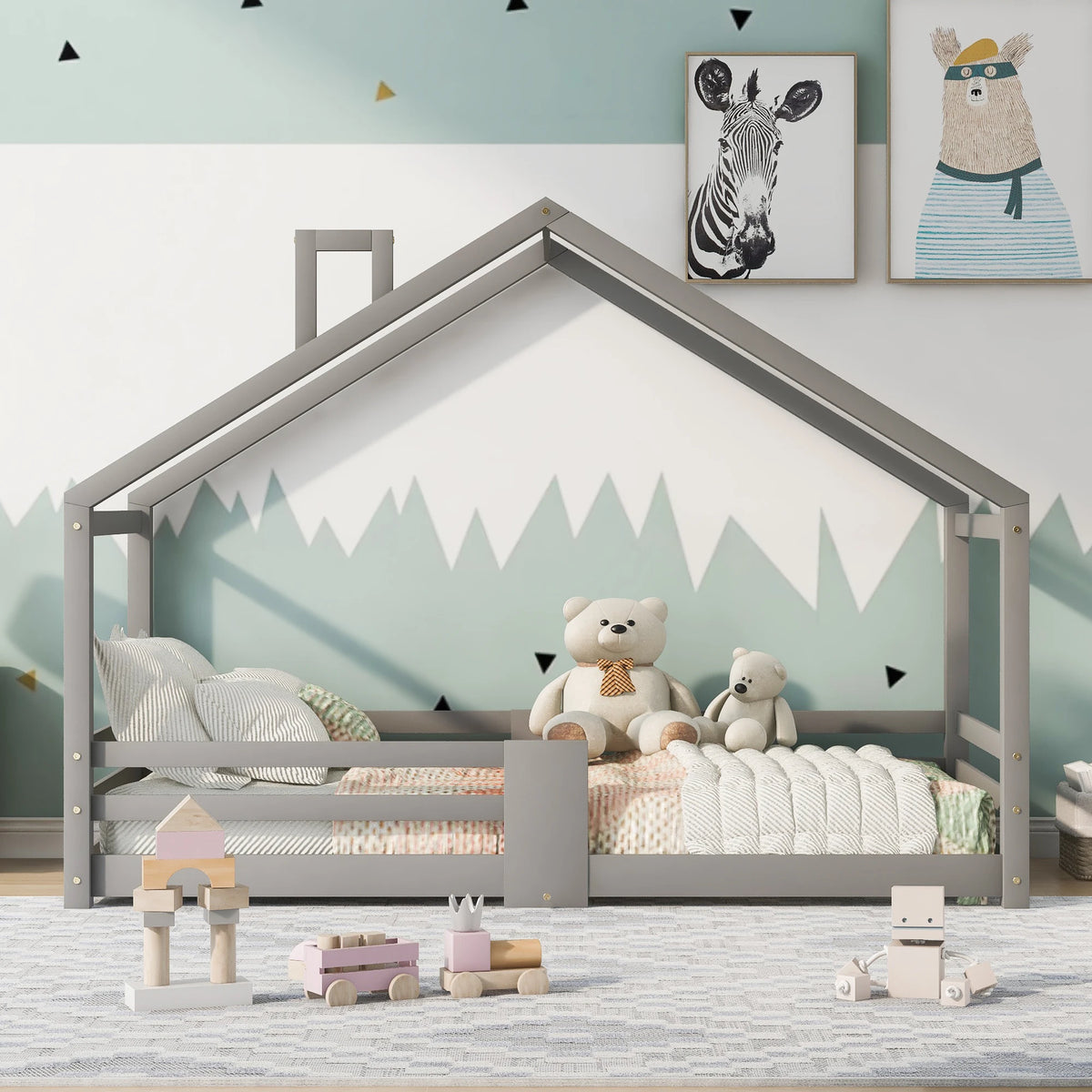 Hausbett in Grau mit Kamin aus Kiefer 90x200 Lilla Kids