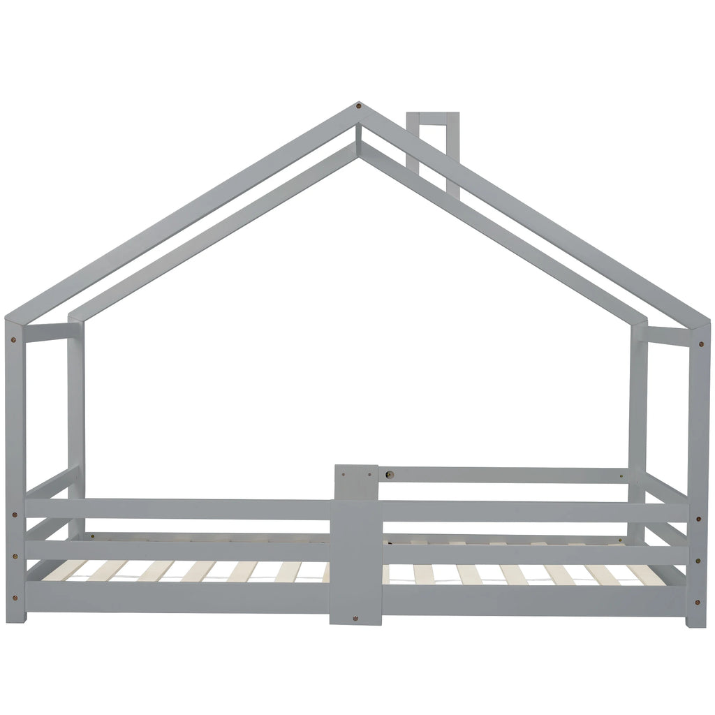 Hausbett in Grau mit Kamin aus Kiefer 90x200 Lilla Kids
