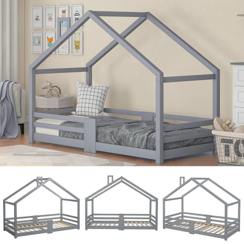 Hausbett in Grau mit Kamin aus Kiefer 90x200 Lilla Kids